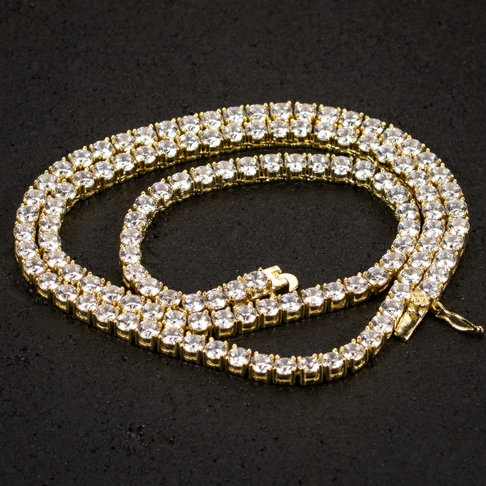 Yellow Gold Plated 925 Sterling Silver Cz Men's  Hip Hop Tennis Chain Necklace